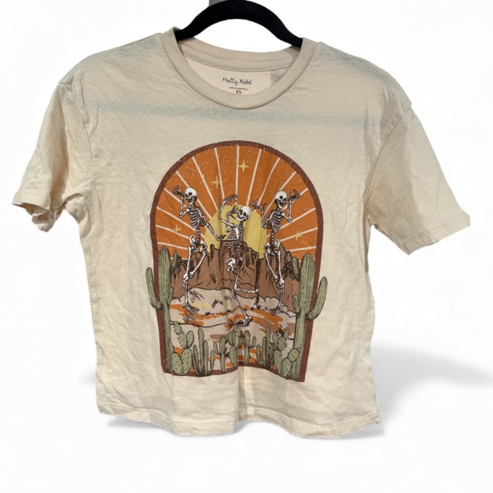 Pretty Rebel Dancing Skeleton Desert Graphic Tee Cream XS Boho Western Short Slv